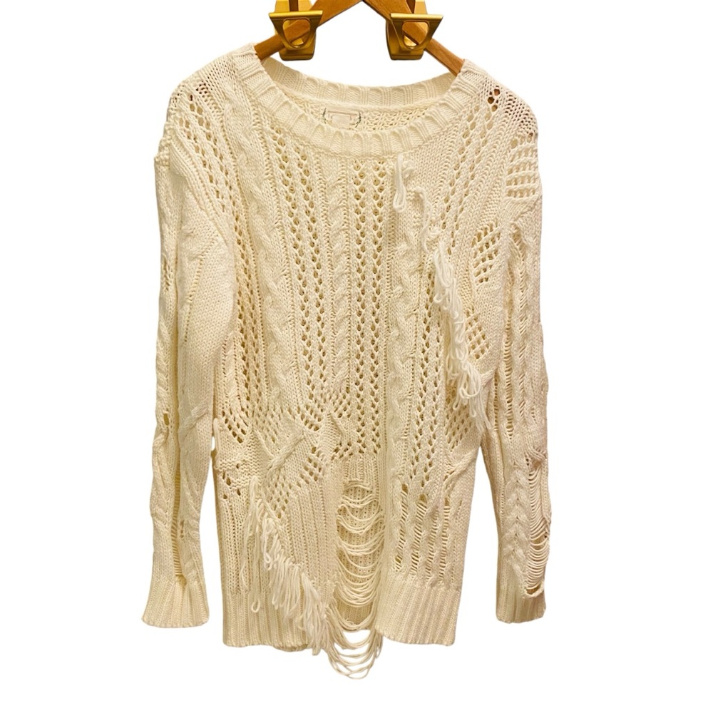 LOVE RICHE CREAM Distressed Knit Oversized Sweater